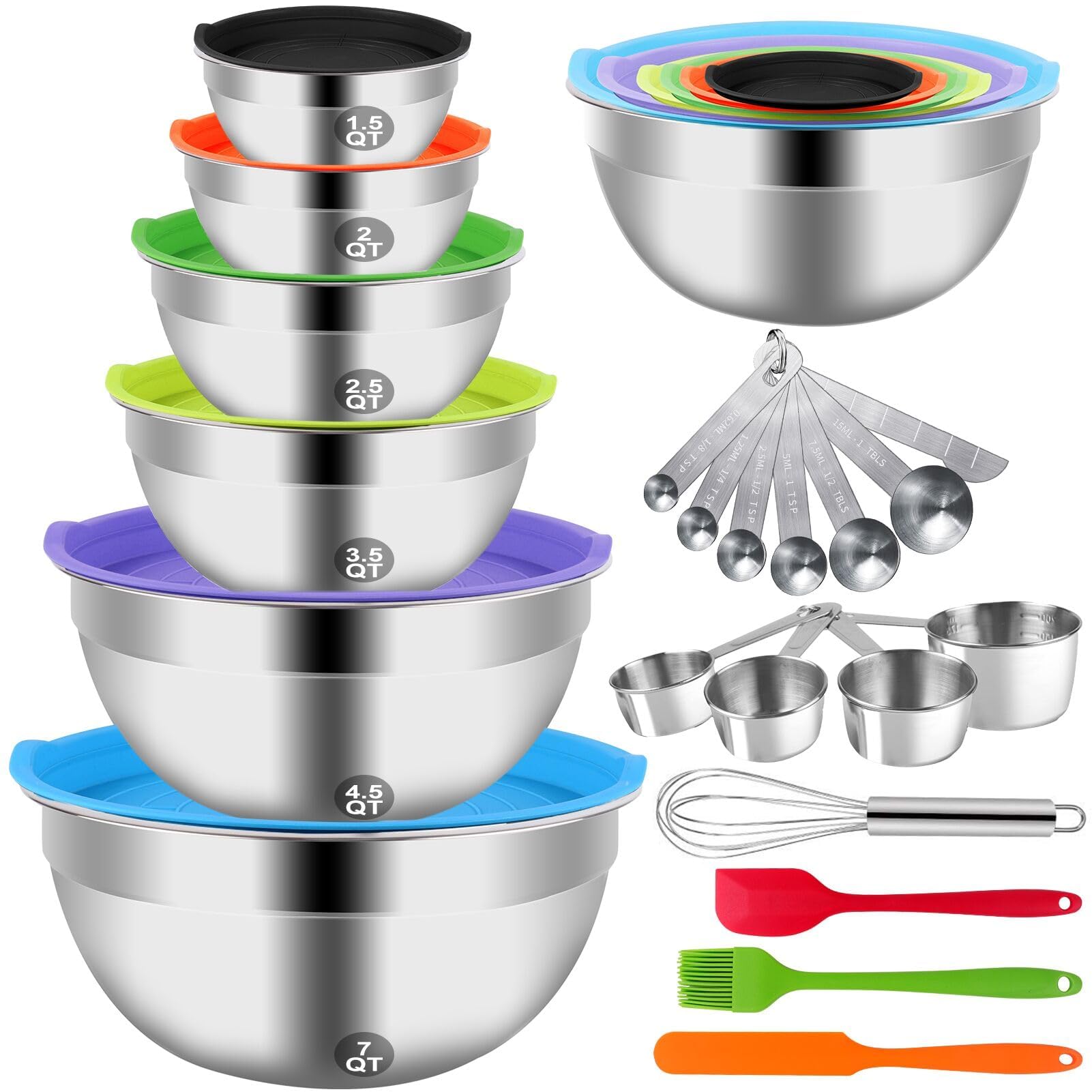 Photo 1 of WEPSEN Mixing Bowls with Lid Set, 27PCS Kitchen Utensils Metal Bowl Stainless Steel Nesting Bowls, Measuring Cups and Spoons, Egg Whisk for Baking