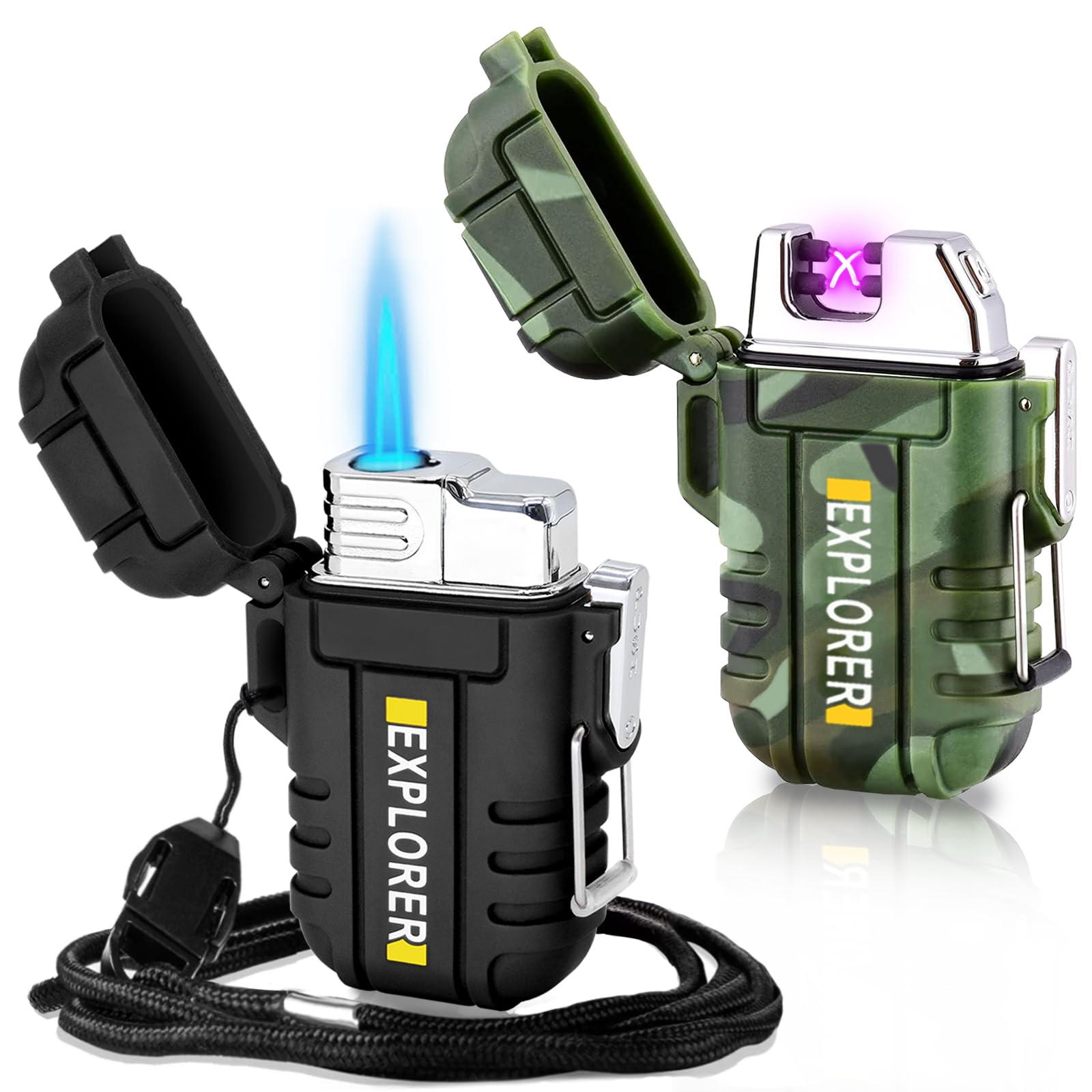 Photo 1 of 2 Pack Waterproof Lighter Outdoor Windproof Torch Lighters Dual Arc Butane Electric Lighters USB Rechargeable Lighters Flameless Plasma Lighter Camping Hiking Adventure Survival Tactical Gear