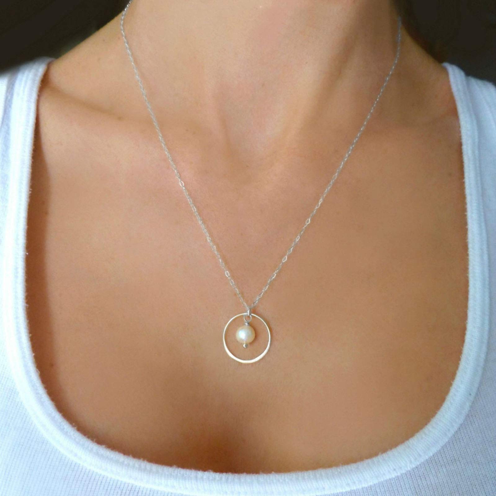 TseenYi Circle Pearl Necklace Chain Tiny Pearl Pendant Necklace Karma Eternity Chain Necklaces Jewelry for women and Girls (Silver)