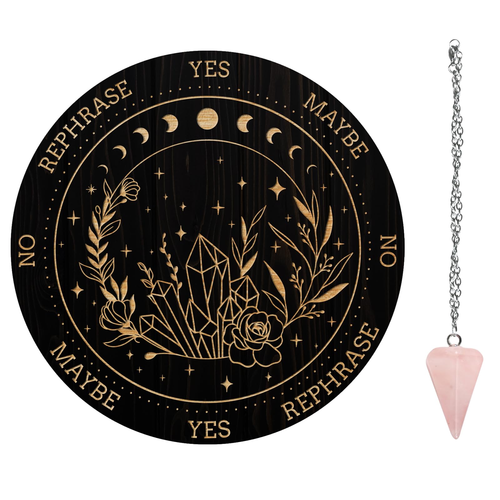 AHANDMAKER Pendulum Board Set, Wooden Dowsing Divination Board Metaphysical Message Board with Crystal Pendulum Necklace for Witchcraft Wiccan Altar Supplies Kit, Crystals & Leaves, Moon Phases
