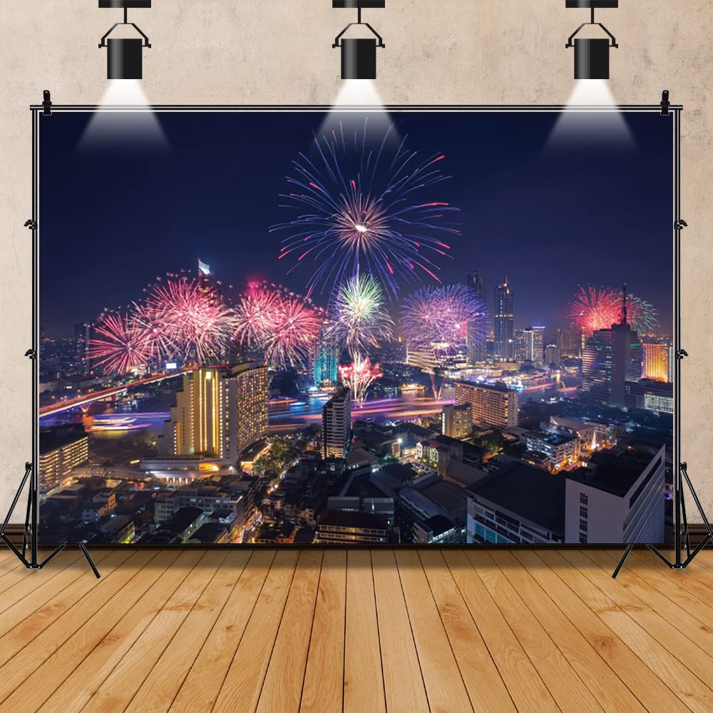 Renaiss 7x5ft 2025 New Year City Night Fireworks Backdrop New Year's Eve Celebration Party Decoration Vinyl Photography Background Kids Adults Family Portrait Shooting Photo Studio Props