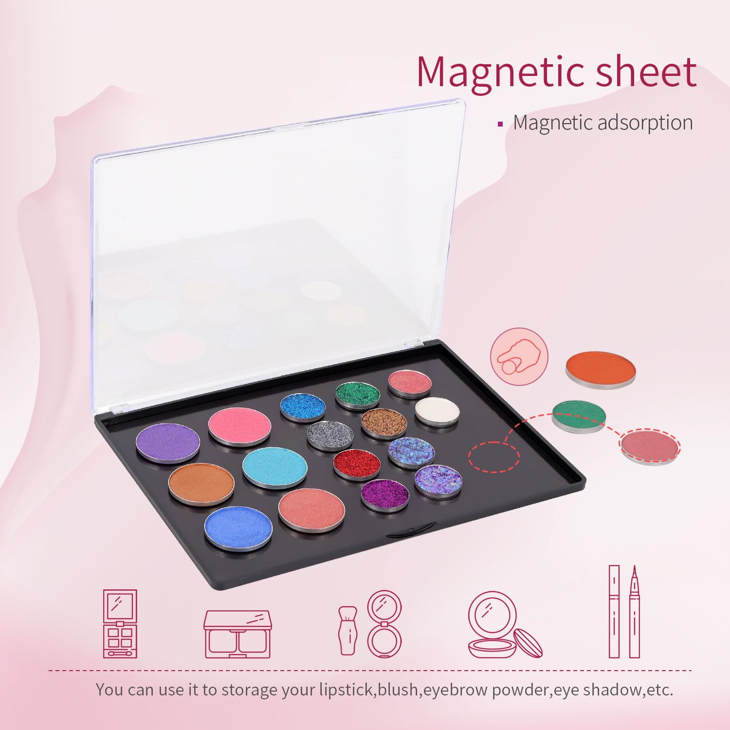 AJLTPA Magnetic Makeup Palette with Clear Top, Empty Eyeshadow Pan Dispensing Storage Box with 40Pcs Adhesive Metal Stickers for DIY Cosmetics Blush Powder(XL Large - 9.25