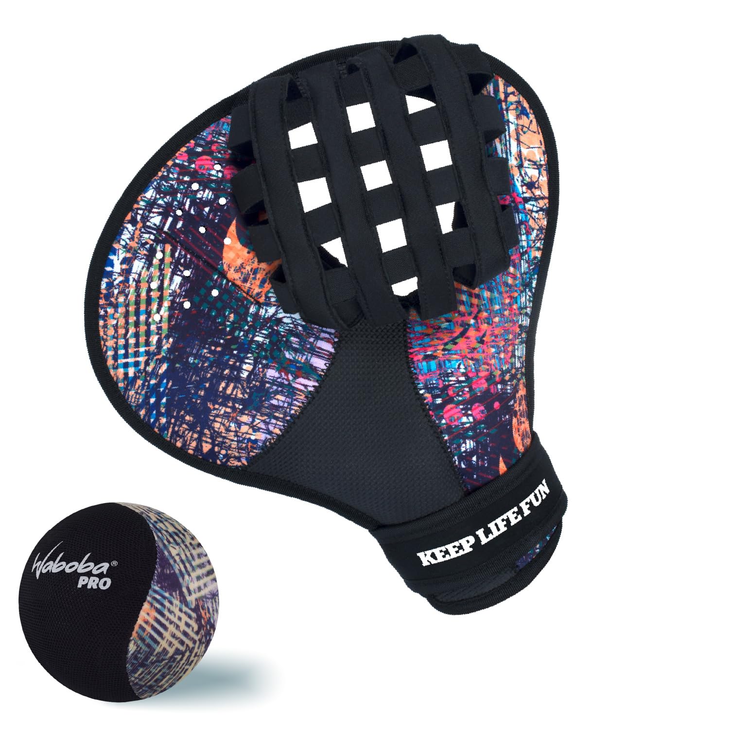 Waboba Water Pro Catch Glove & Pro Water-Bouncing Ball Set – Ball Catching Baseball-Style Mitt for Swimming Pools & Beach Games, Ambidextrous Design, One Size – Black/Multi Colour