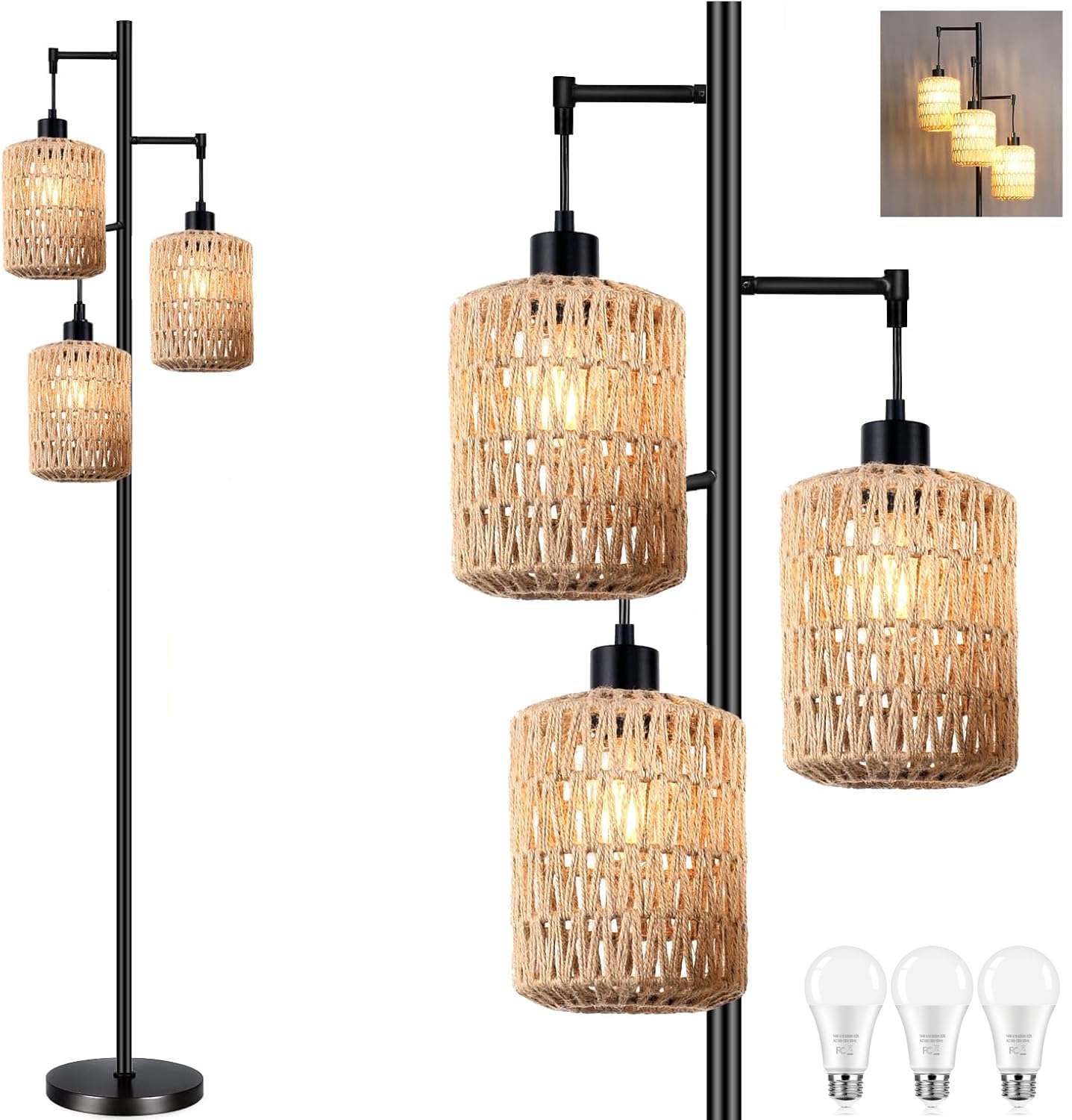 Photo 1 of QIYIZM Floor Lamp for Living Room,Bedroom,3-Lights Boho Rattan Tree Floor Lights,Industrial Black Farmhouse Standing Lamp Wicker Rustic Tall Lamp,Woven Bamboo LampShade Floor Lamps Bohemian