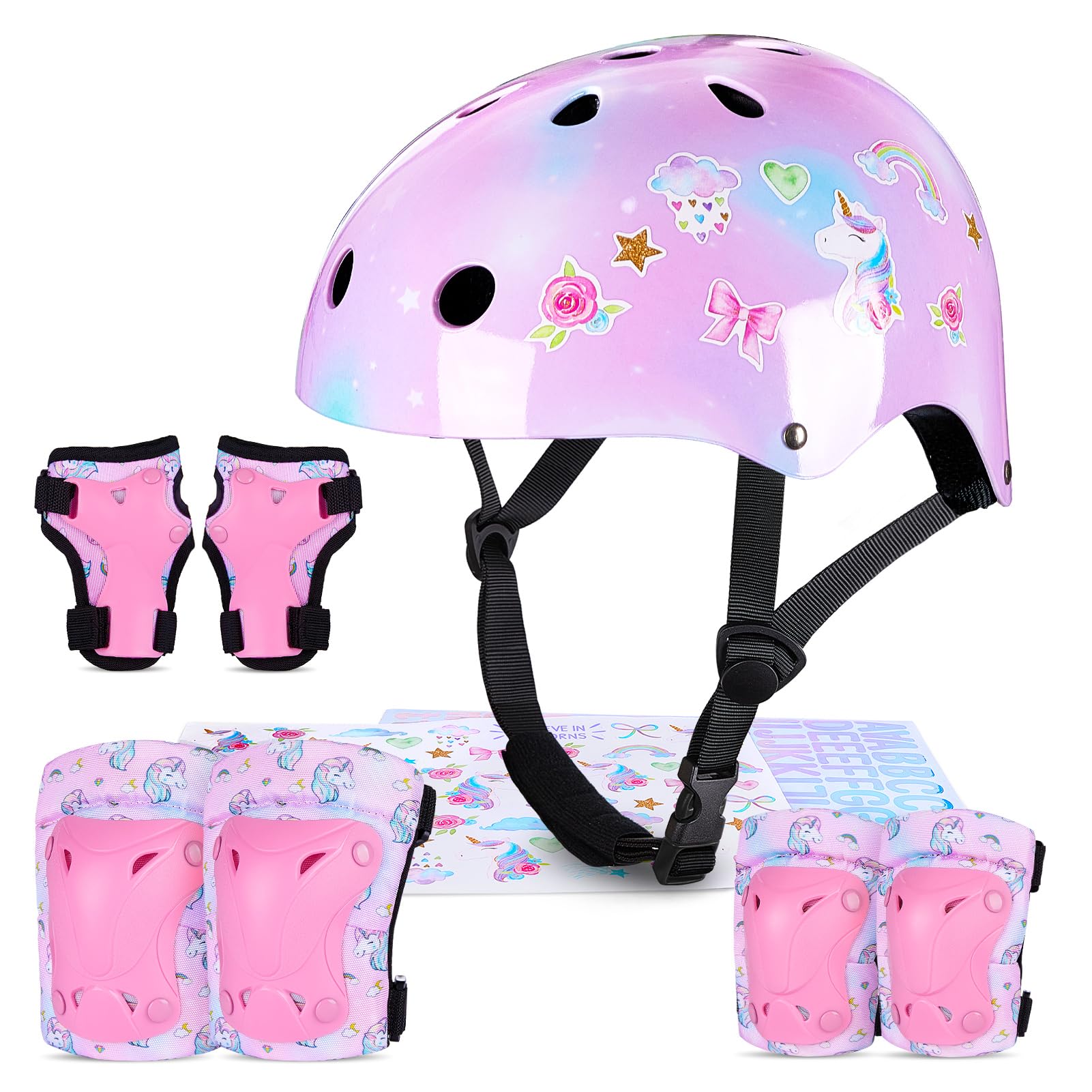 MHJY Kids Helmet and Pads Set with DIY Stickers Girls Bike Helmet Age 3-8 Years Unicorn Knee and Elbow Pads Adjustable Protective Gear for Children Cycle, Skateboard Scooter, Roller Skates