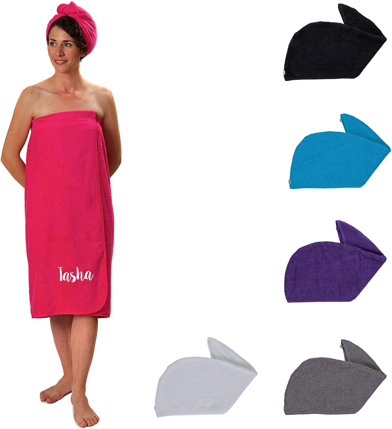 axtex Personalised Elasticated Sarong and Towelling Hair Turban Set, Towelling Sarong Wrap and Hair Wrap Gift Set, Towelling Cover Up - Pink