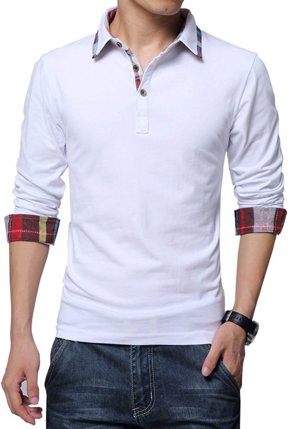XTAPAN Men's Casual Solid Stripe Long Sleeve Slim Fit Polo Shirts Cotton T Shirt