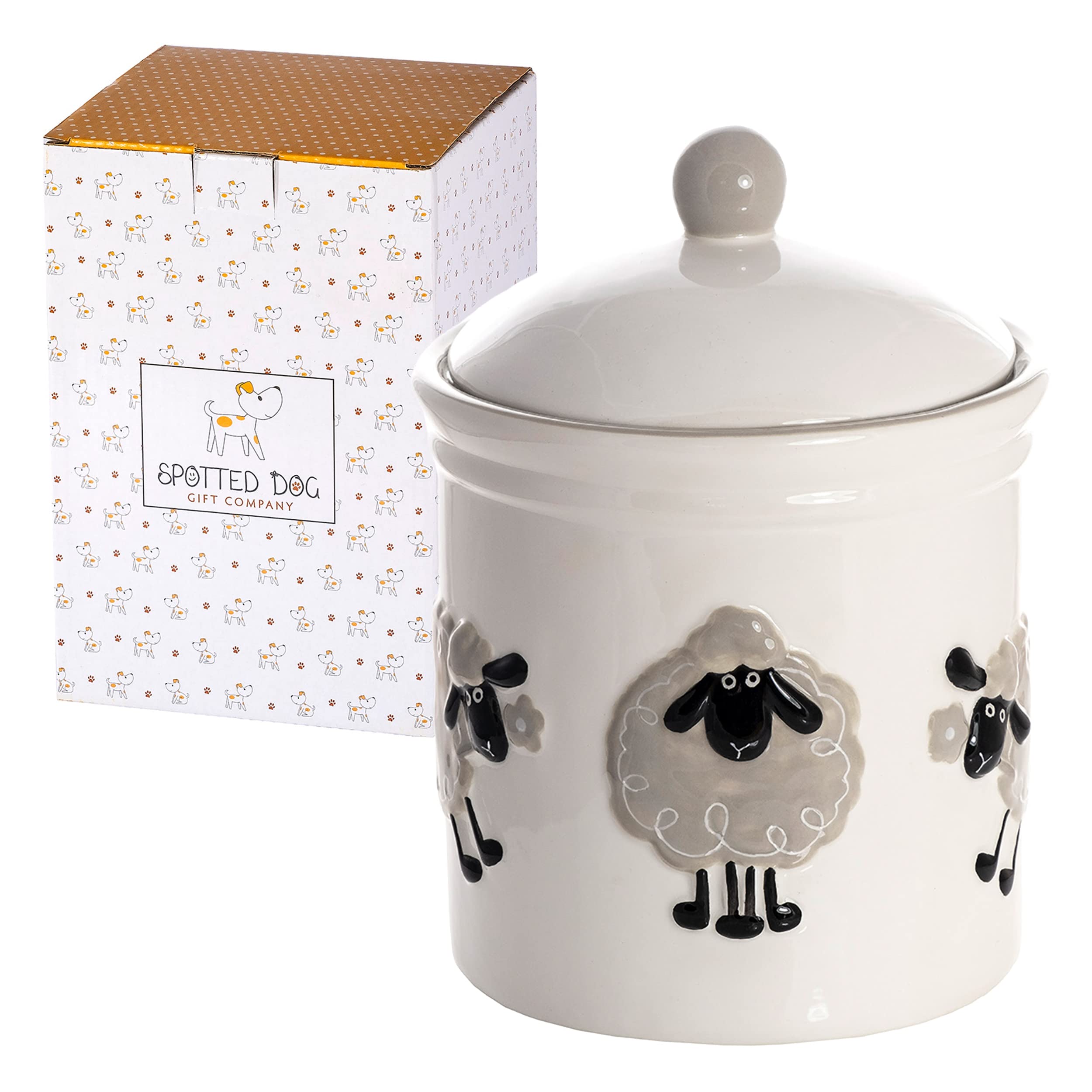SPOTTED DOG GIFT COMPANY Ceramic Storage Jar, Cute Kitchen Canister for Tea Coffee Sugar Treats, Animal Themed Home Kitchen Decor Accessories, Gifts for Sheep Lovers Women Men, White 1.25L