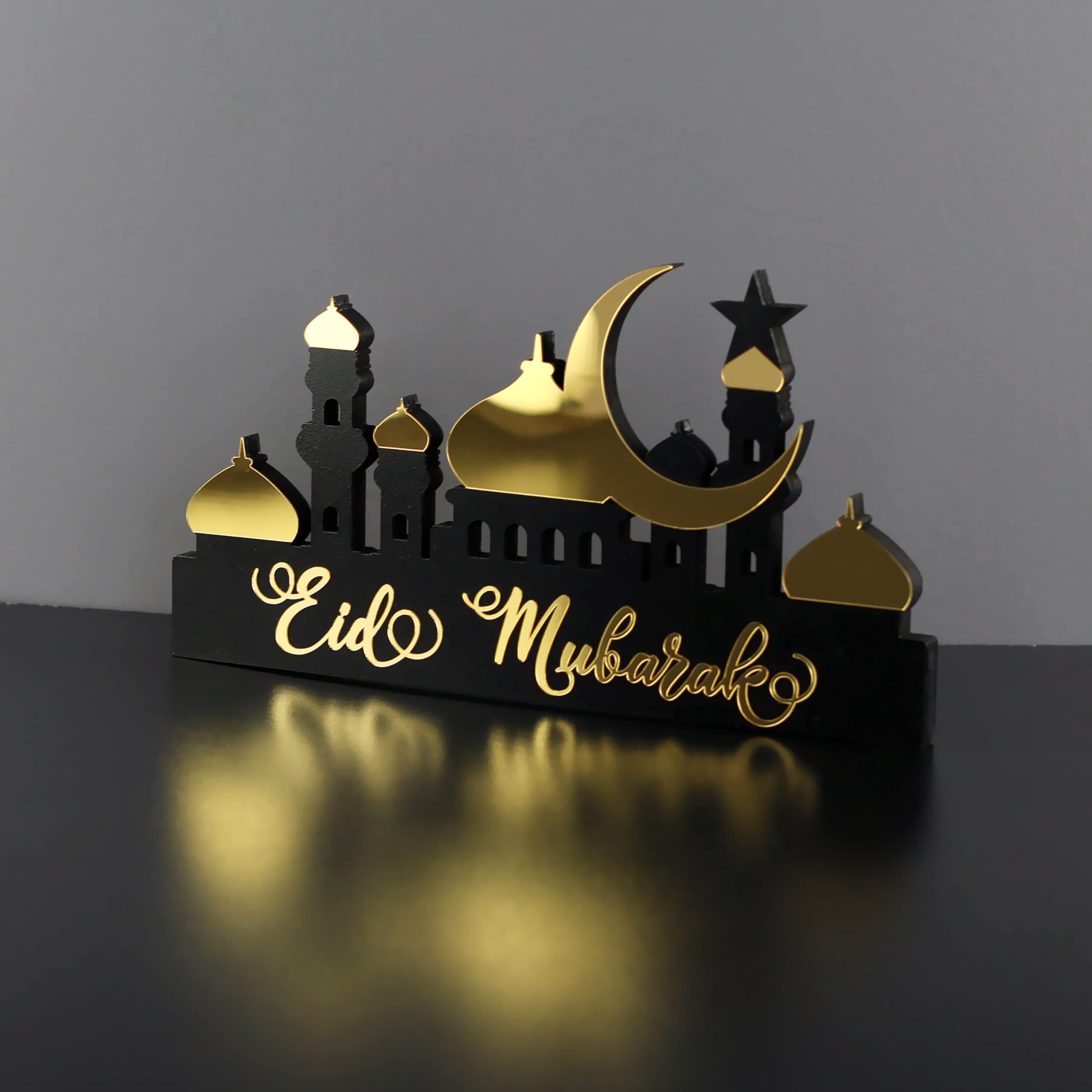Photo 1 of iwa concept | Wooden Acrylic Islamic Tabletop Decor | Ramadan Kareem & Eid Mubarak Decoration | Islamic Muslim Gifts | (Eid Mubarak-5, Gold)