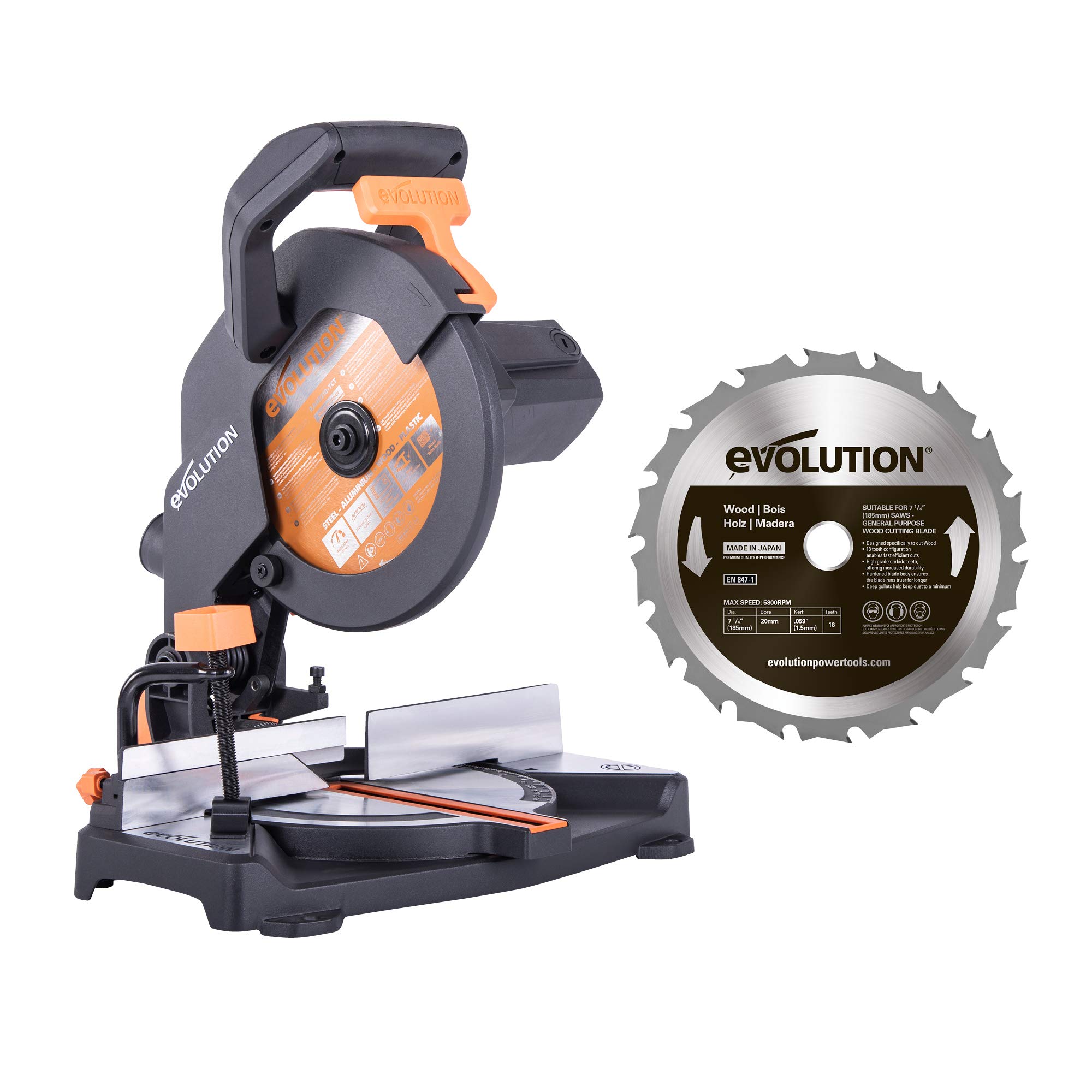 Evolution Power Tools R210CMS Multi-Material Compound Mitre Saw, 210 mm, (230 V) with Additional GW210TCT-30 Blade