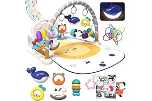 ESOLOM Baby Play Mat, Tummy Time Activity Mat Toys, Funny Piano Baby Play Gym with 7 Infant Sensory Baby Toys, Baby Floor Play Mat for Newborn Baby 0-6-12 Months Boys Girls(Lion)