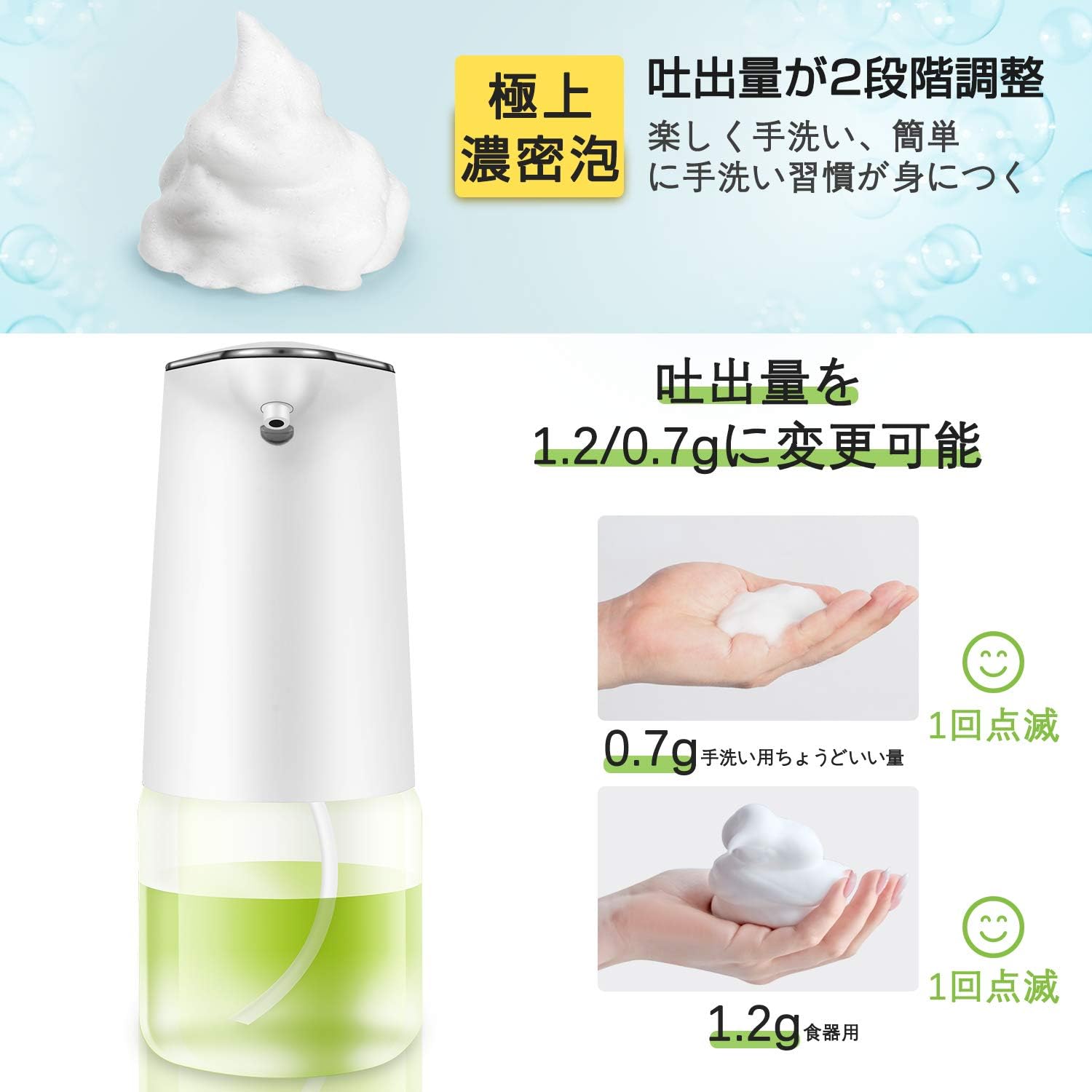 Amazon ソープディスペンサー 自動 泡 ハンドソープディスペンサー オート センサー ハンドソープ 大容量500ml ノータッチ 吐出量2段階調整 自動誘導 消毒 ディスペンサー 電池式 Ipx4防水 半透明ボトル キッチン 家庭 会社 ホテル 学校適用 ソープ シャンプー用