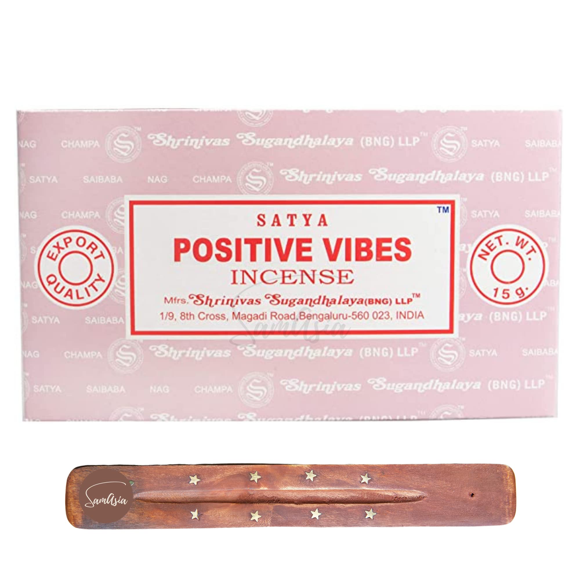 Satya Nag Champa Positive Vibes Incense Sticks | x12 pack | with SAMASIA incense sticks holder | Used for Poomatherapy, Spa, Yoga, Weddings, Meditation, Healing, Positivity and Relaxation โ image 1