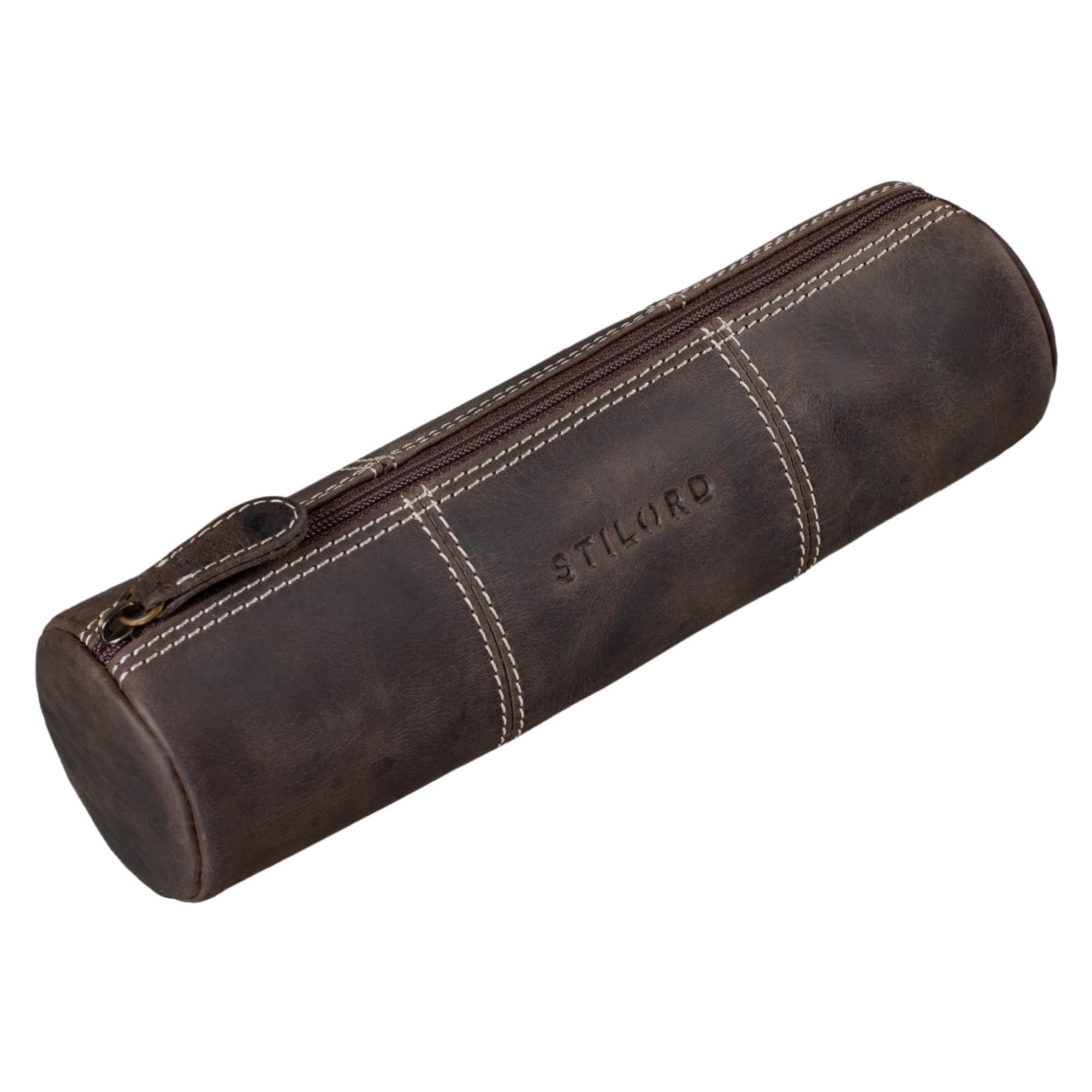 STILORD "Cato" Pencil Case Leather Vintage Pen Pouch Round Pen Case Leather Pencil Roll Organiser Pouch for Women Men Stationary Case Slim in Genuine Leather Colour:Dark - Brown