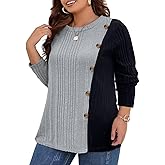 VISLILY Womens-Plus-Size-Long-Sleeve-Tops Color Block Lightweight Sweaters Casual Crewneck Shirts Button Decor Tunics Blouses