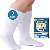 Powbrace 2 Pairs Wide Diabetic Socks for Men Women Plus Size, Lymphedema, Swollen Feet, Edema, Loose Fit, Non-Binding, Bariatric, Hospital Cast - White