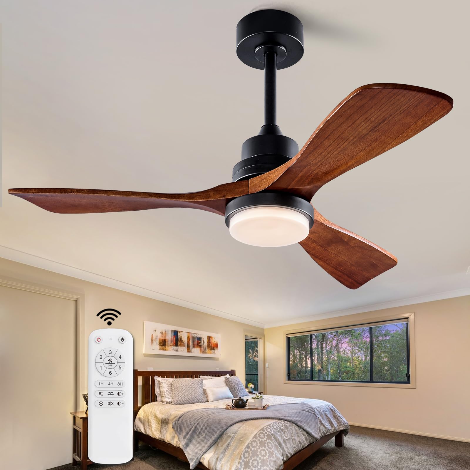 Photo 1 of XBIBI 42 Inch Ceiling Fans with Lights and Remote, Modern 3 Blades Wood Ceiling Fan with light, 6 Speed Quiet DC Motor, Indoor Outdoor Ceiling Fan for Patio Bedroom Living Room Kitchen Office