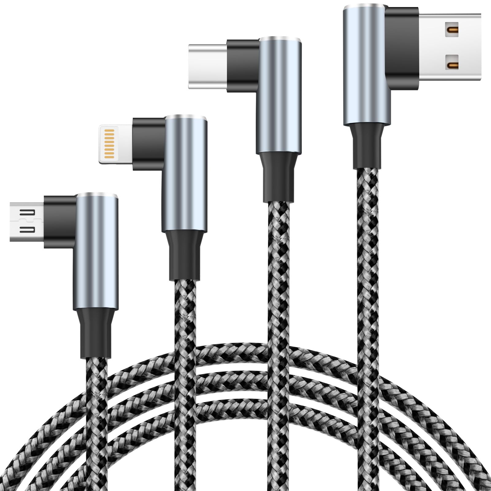 USB to USB C Right Angle Cable, 90 Degree USB Type C Braided Charging Cord 2-Pack 5FT,USB A to USB C Multi Charging Cable with Type-C, Micro USB, IP Port for iPhone17/16/Android Phones Tablet Pad
