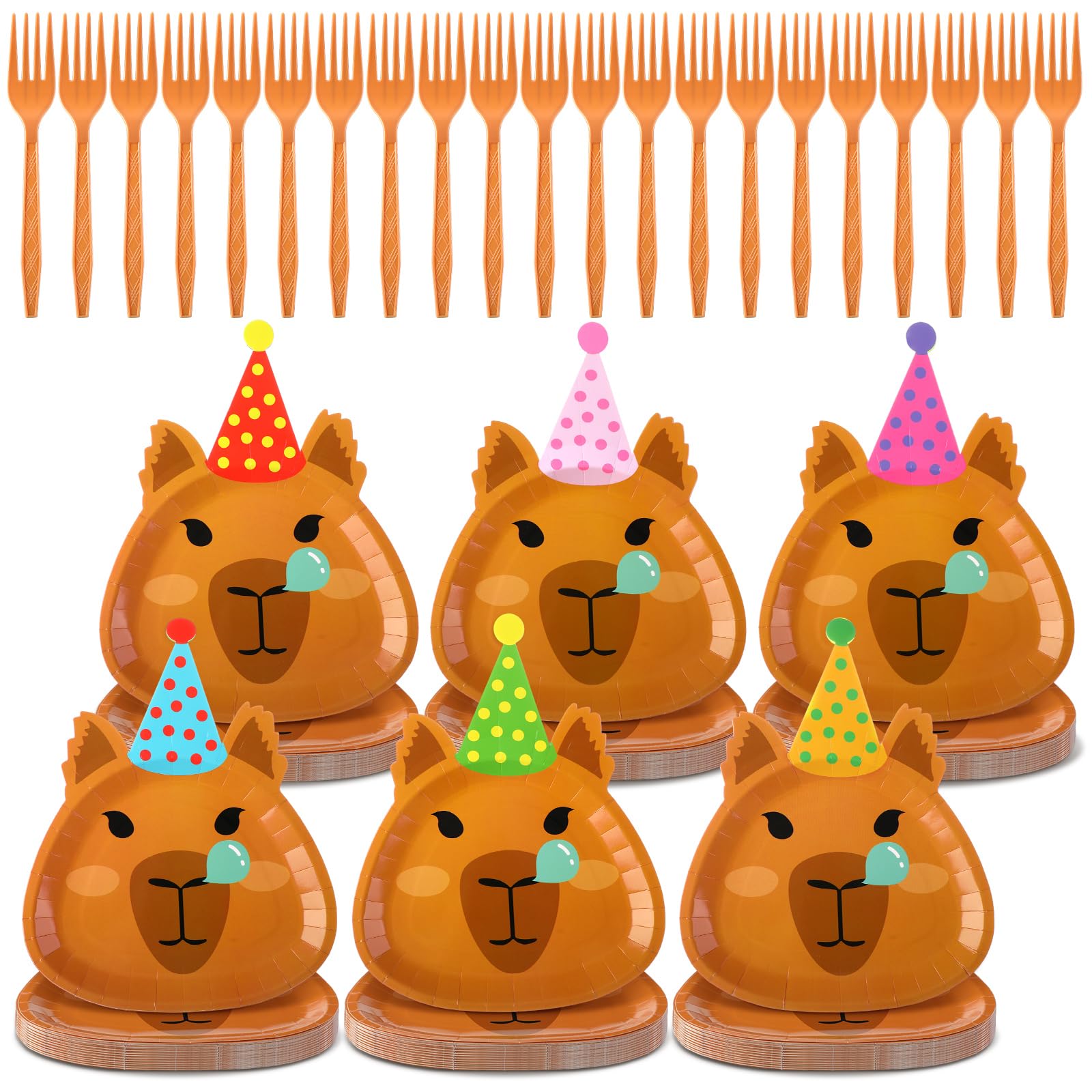 Photo 1 of Zhehao 60 Sets Capybara Birthday Party Decorations Capybara Shaped Paper Plates with Forks Tableware Dinnerware 10 Inch Disposable Paper Plates Brown Forks Party Supplies for Kids Boys Girls Favors