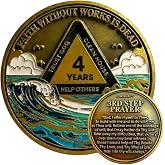 4 Year Waves Sobriety Coin - Third Step Prayer AA Medallion, Recovery Chip | Premium Recovery Token for Anniversaries, Sponsor &amp; Sponsee Gifts, Four Years Sober Milestone Chip for Women and Men