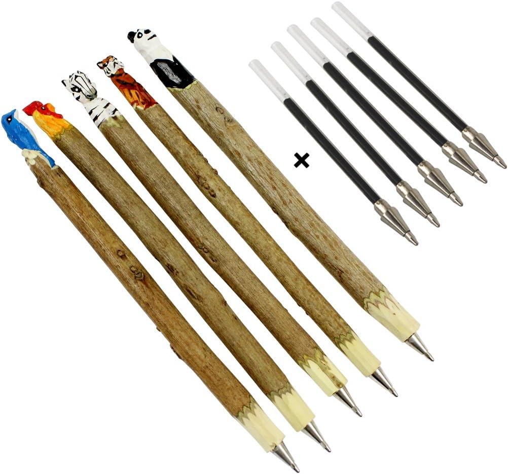 Hillento 5 PCS Handmade Wooden Ballpoint Pen, Handmade Carved Natural Wooden Cute Animals Ballpoint Pen (Zebra, Cock, Panda, Tiger, Dolphin) + 5 Exchange Refills