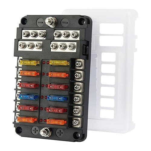 Marine Fuse Block 12v Fuse Box: 12Way Boat Fuse Panel 12v Power Distribution Block with LED Warning Indicator Waterproof Cover 12 Circuit Terminal Powertech 12 Way Fuse Block with Bus Bar | Road Tech Marine