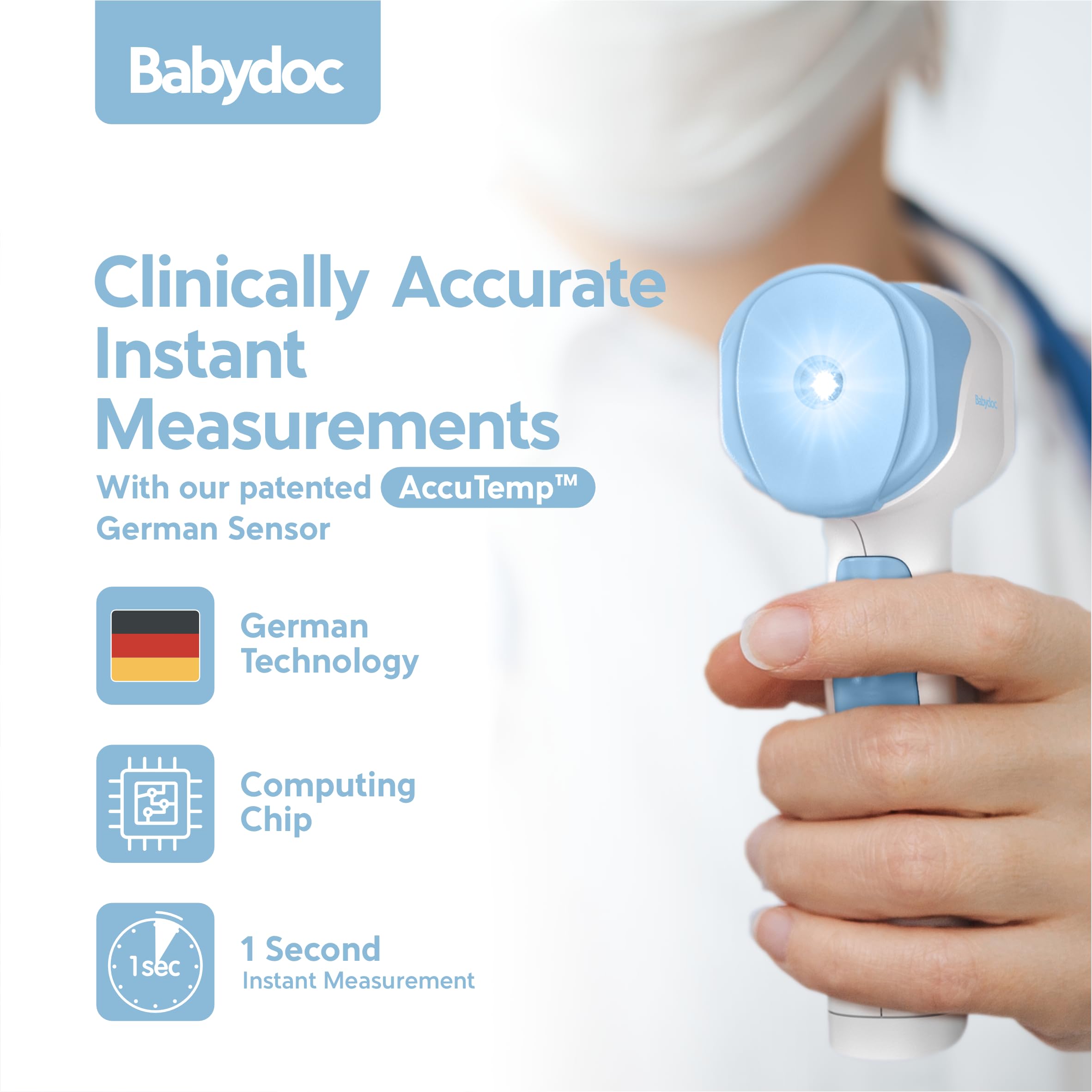 Babydoc Medical Grade FSA-HSA Eligible Baby Thermometer for Kids, AccuTemp German Sensor, 3-in-1 Safe Non-Contact Infrared Forehead Thermometer, Object Mode for Milk or Bathwater, Infants, Children