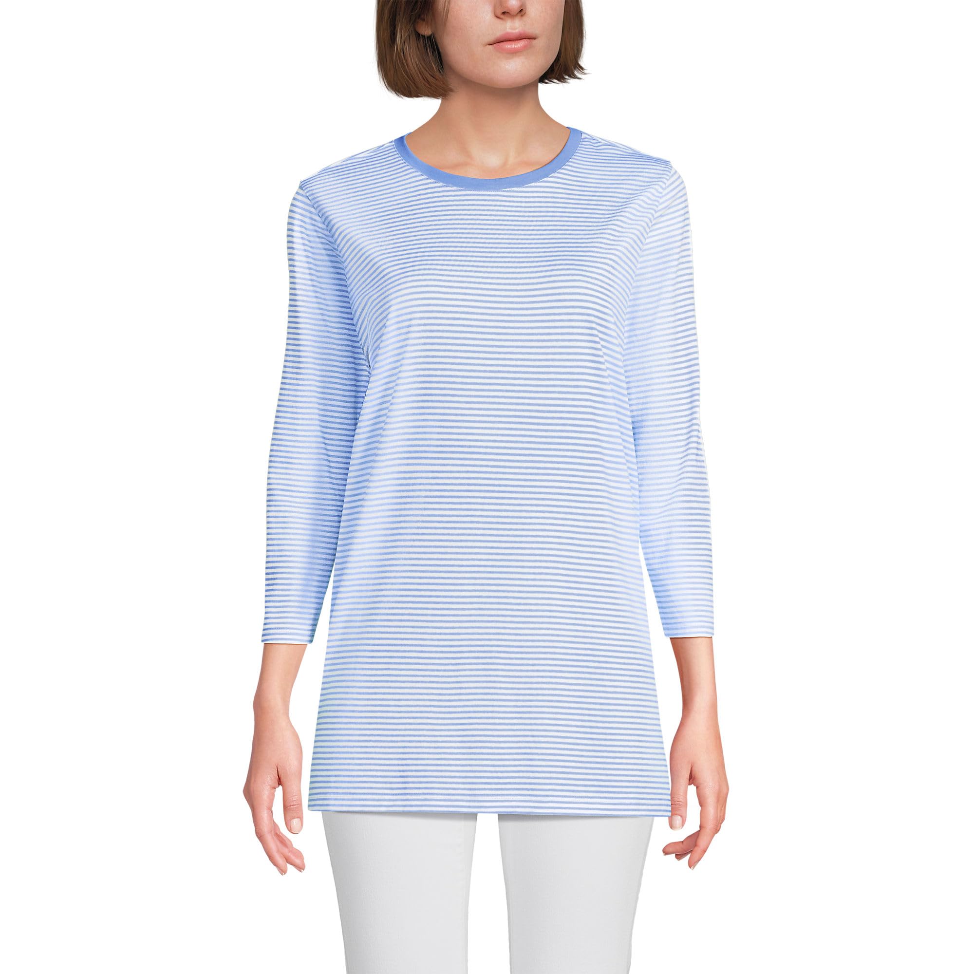 Lands' End Womens 3Q Cotton Supima Crew Neck Tunic Light Sea Blue Micro Stripe Tall Medium Image