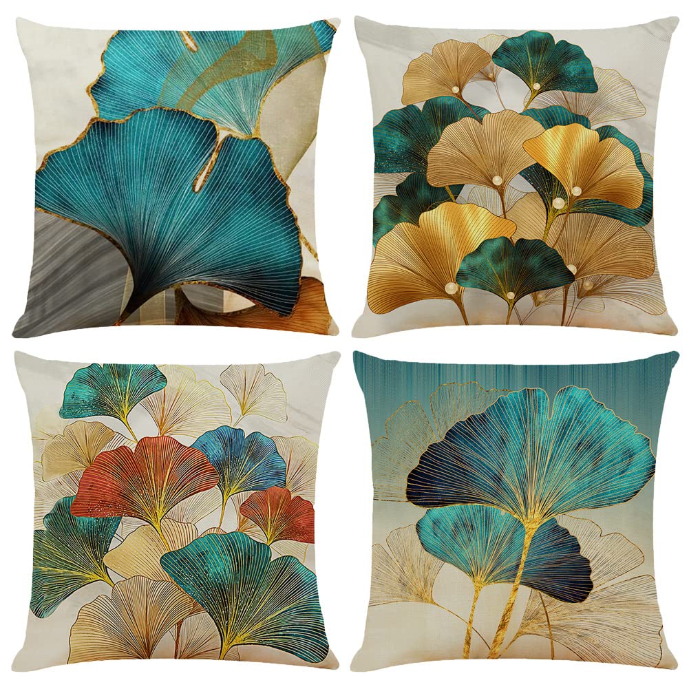 BCKAKQA Set of 4 Decorative Throw Pillow Covers 18x18 inches Teal and Gold Leaves Cushion Covers 45cm x 45cm Linen Square Pillowcases for Bedroom Living Room Sofa Couch Bed Throw Pillow Cases — image 1
