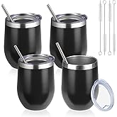 DIW sojourn life 12oz/4 Pack Wine Tumbler with lid, Stainless Steel Travel Mugs Stemless Double Wall Insulated Coffee Cup, Insulated Wine Glasses Travel Tumbler for Cold & Hot Drinks(Black,4)