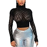 MakeMeChic Women's Sheer Long Sleeve Top Lace Crop Tops Mock Neck Fitted Club T Shirt