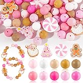 Whaline 112 Pcs Christmas Silicone Beads Xmas Pink Loose Beads Bulk for DIY Pen Bracelet Necklace Crafts Winter Holiday Party Decor