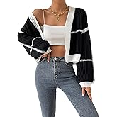 COZYEASE Women's Color Block Crop Cardigan Top Bishop Long Sleeve Open Front Sweater