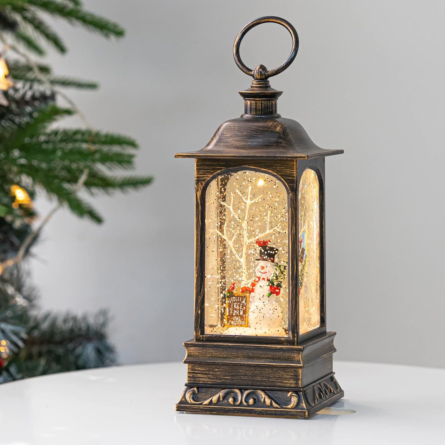Snow Globes - 10'' Frosty's Tree Farm Snowman Musical Lighted Snow Globe Water Lantern with Swirling Glitter Decoration for Christmas Home, Living Room, Battery Operated or USB Powered