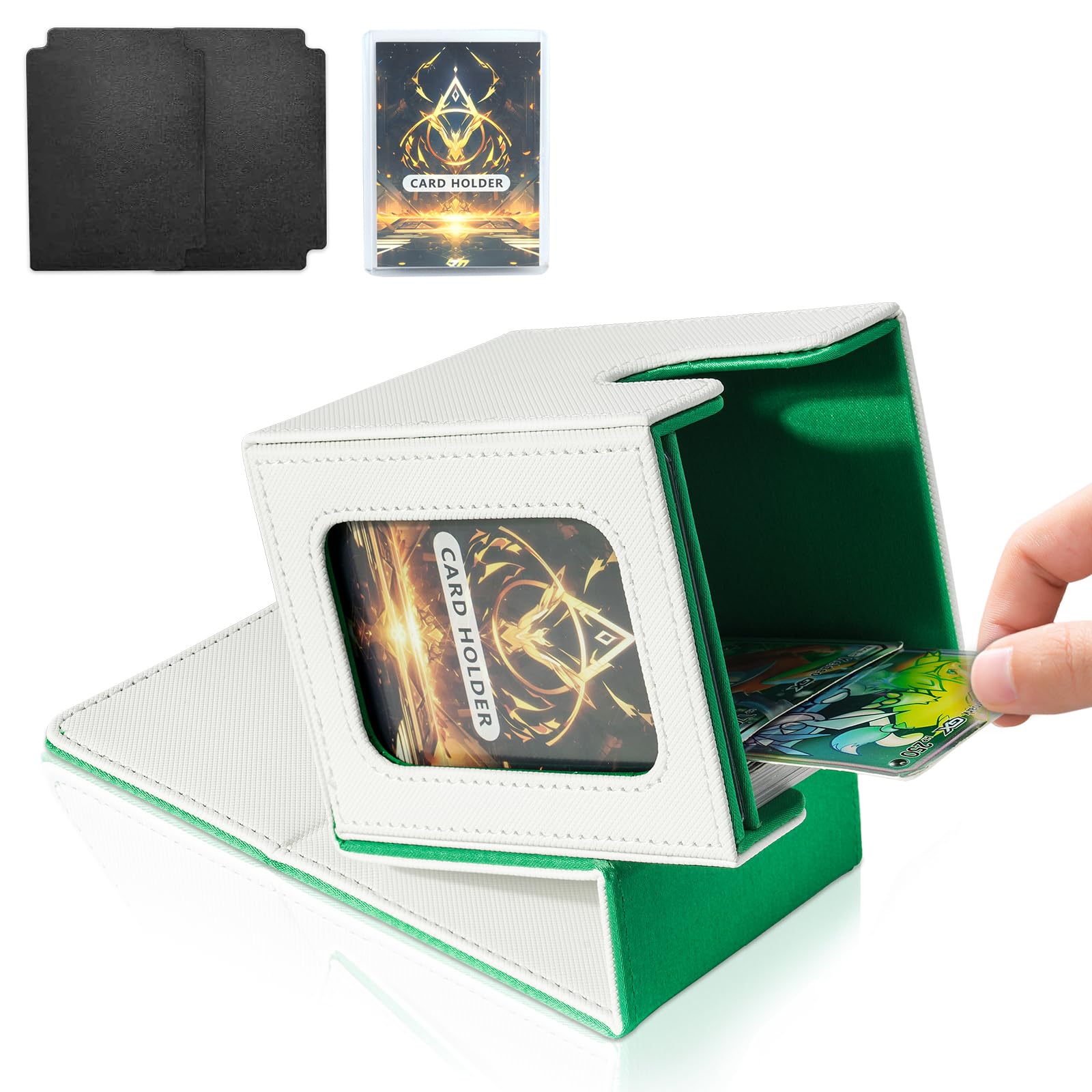 Jaffzora Card Deck Box for MTG Commander, Magnetic Card Display Case,TCG Card Storage Box, Holds 100 Double-Sleeved Cards, White & Green — image 1