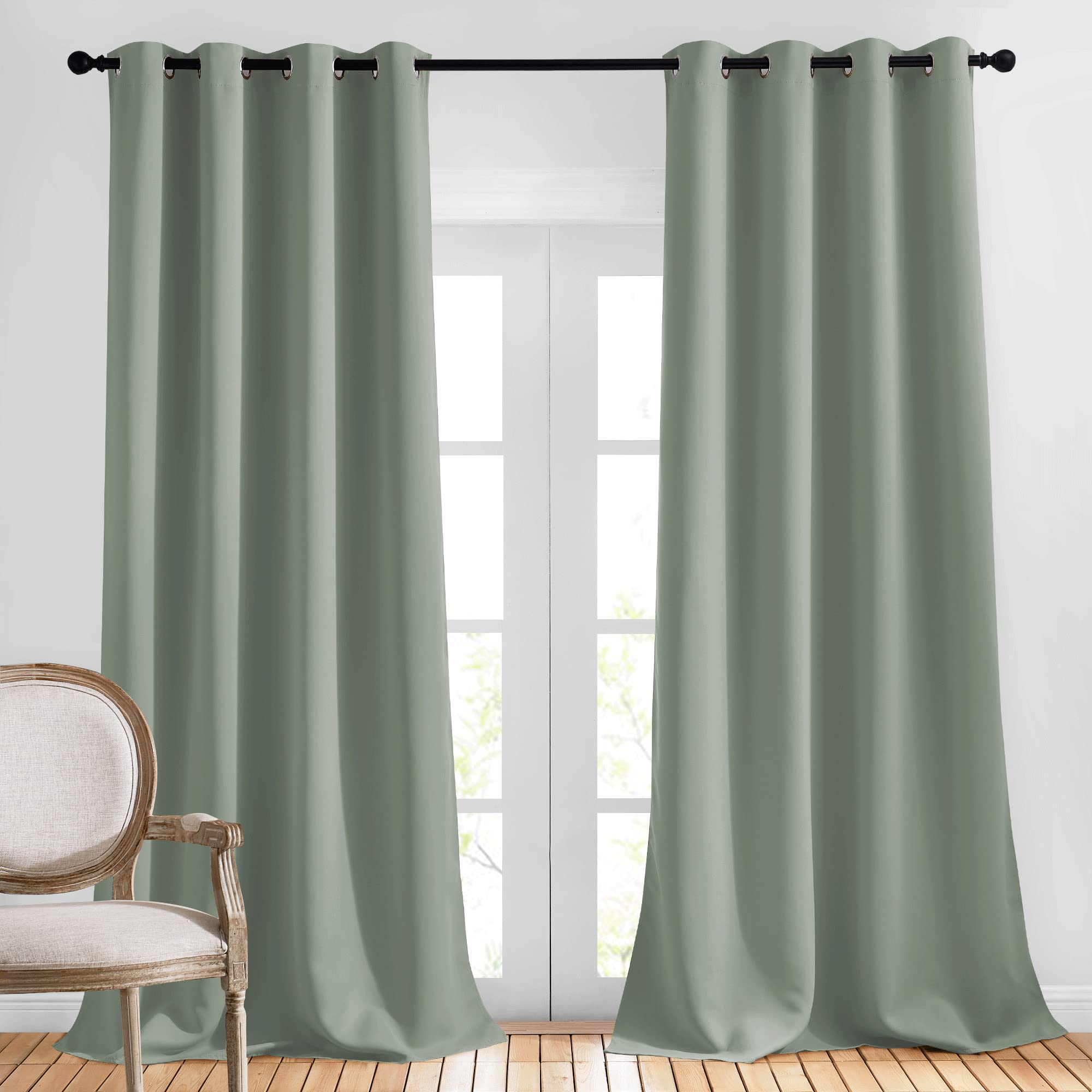 NICETOWN Blackout Curtains & Drapes Extra Long 120" - Grommet Room Darkening Thermal Insulated Solid Grommet Window Treatment for Hall/Villa, Sage Green, 2 Panels, 52" W by 120" L Image