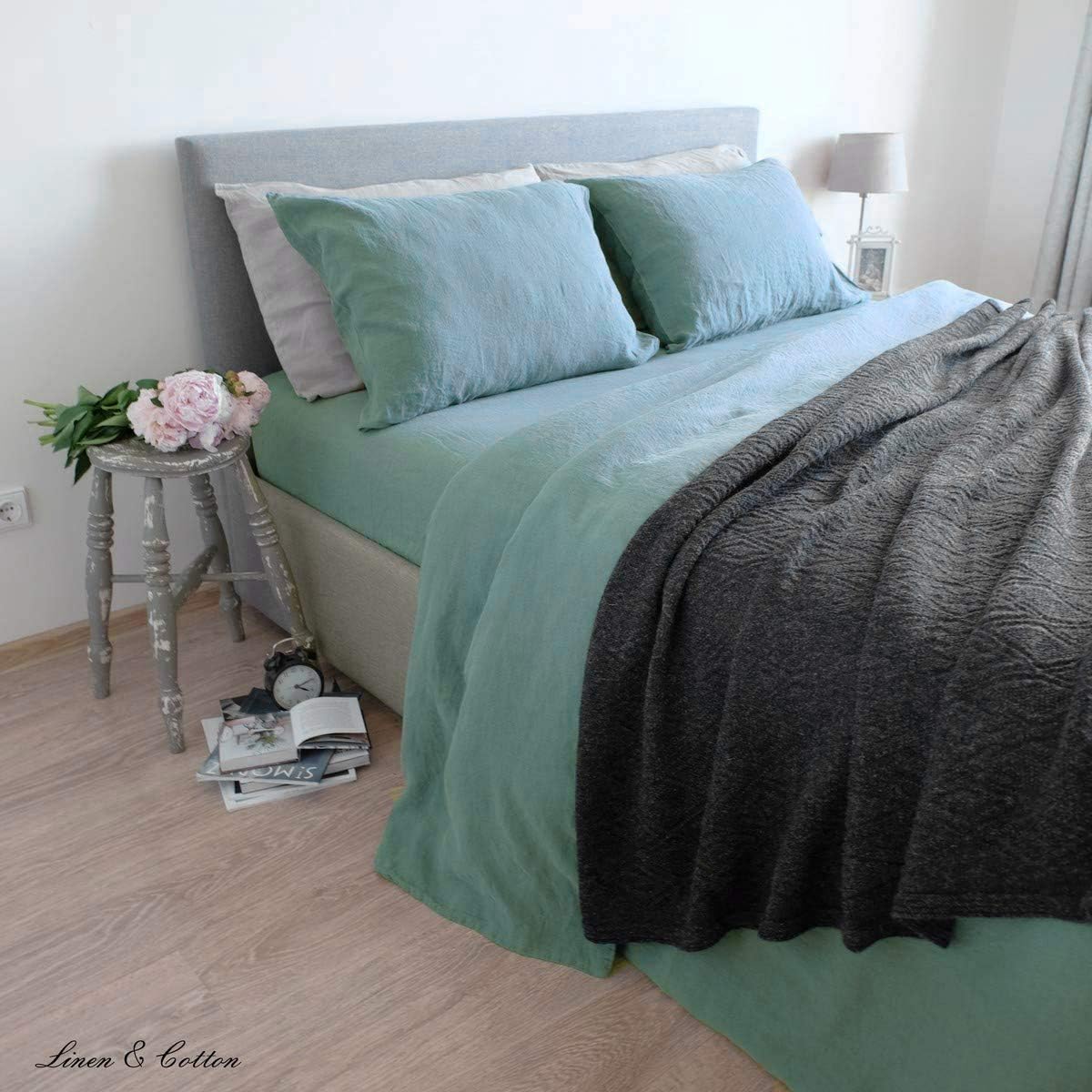 Linen & Cotton Duvet Cover Set ALICIA, 100% Stonewashed Linen - KING (230 x 220 cm), Mint Green - Image 4