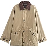 Zucige Womens Barn Jacket Classic Canvas Utility Jackets Corduroy Collar Vintage Button Down Coat with Pockets