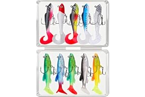 GENIBABY Soft Plastic Lure with Tackle Box, Lifelike Bass Bait, 10Pcs Pre-Rigged Fishing Jig Lures Freshwater & Saltwater, Paddle Tail Swim Baits for Trout, Trolling Lures, Father's Day Fishing Gifts for Men