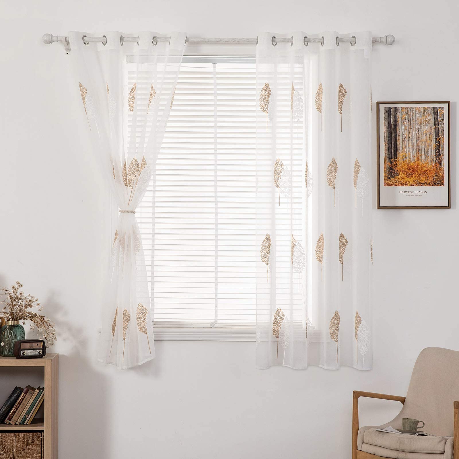 MIULEE Leaves Embroidery Sheer Curtains Grommet Window Curtain Semi Voile Drapes Panels with Eyelets Window Treatments for Living Room Bedroom Big Leaves Brown 2 Panels 55" Wx 63" L โ image 1