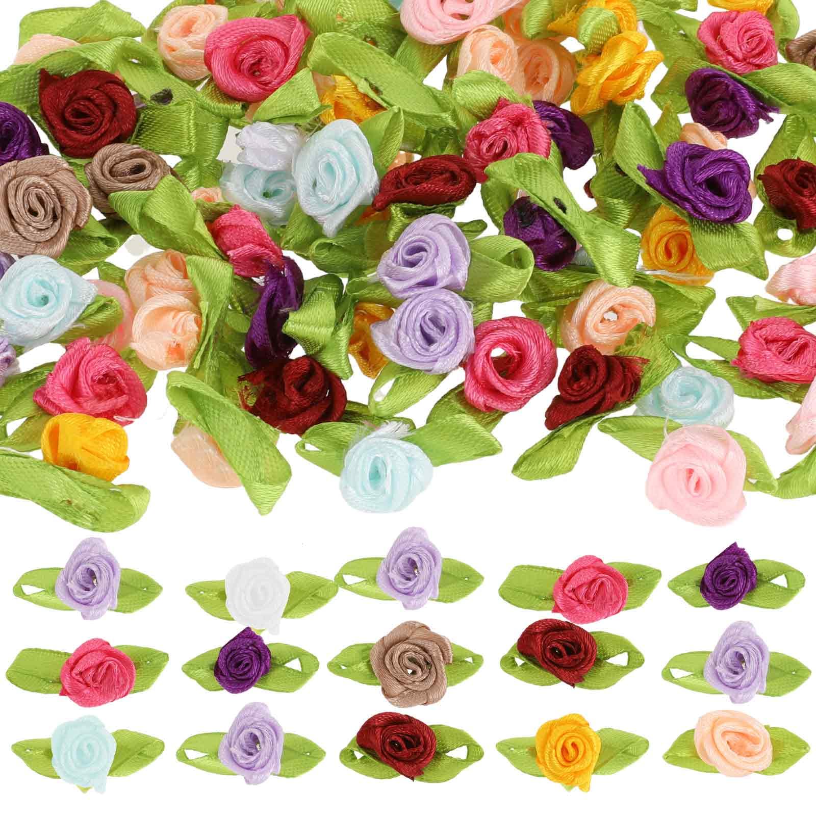 Photo 1 of 100 Pcs Mini Flowers for Crafts Multicolor Mini Roses Satin Roses with Green Leaves Small Satin Roses Tiny Artificial Fabric Flower Ornament Applique for Wedding Bride Sewing Wrapping DIY Wreath Decor