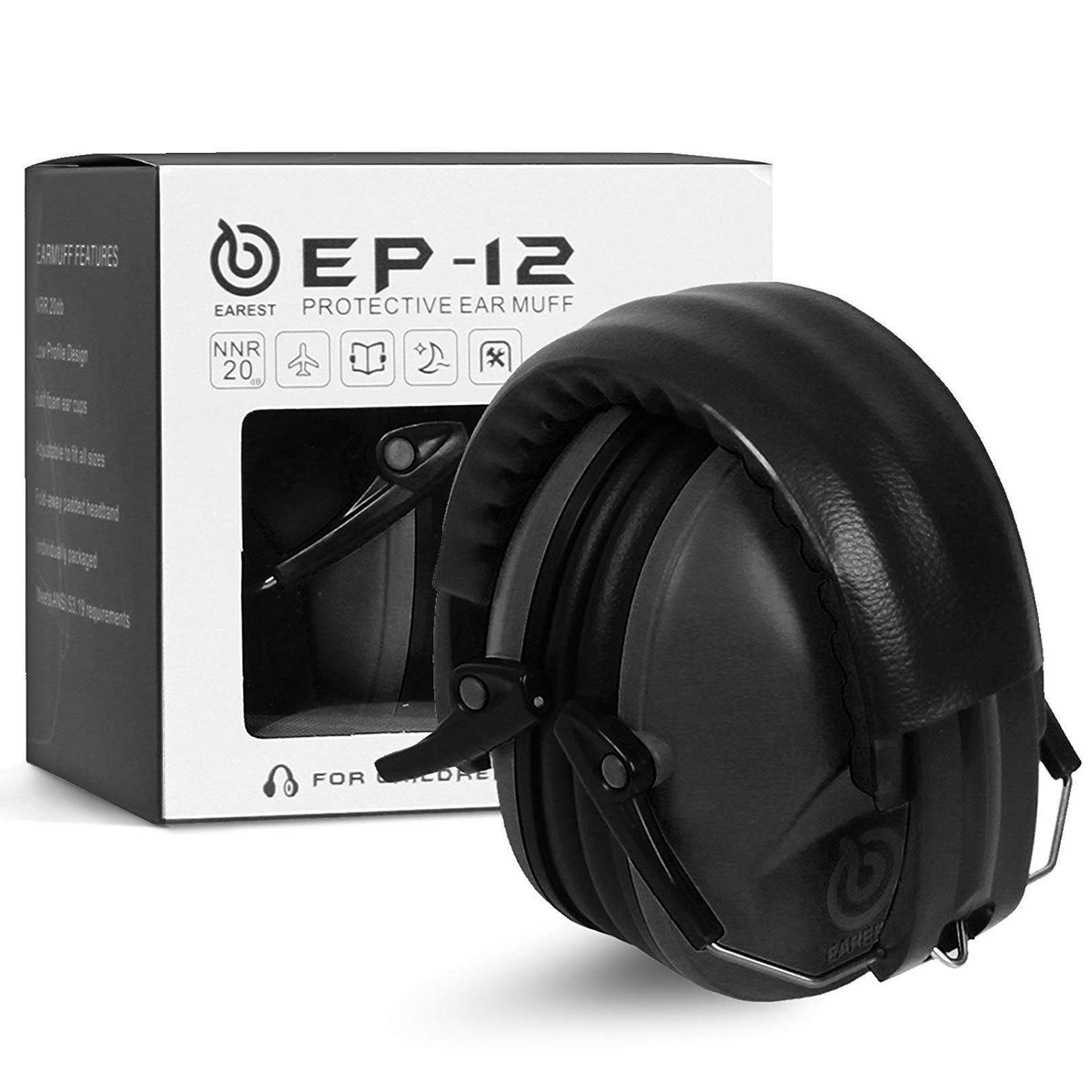 EAREST Noise Reduction Safety Earmuffs NRR 20dB Professional Hearing Protection Folding-Padded Ear Cups Shooting Hunting Protection with Carrying Bag for Kids Baby (Black)