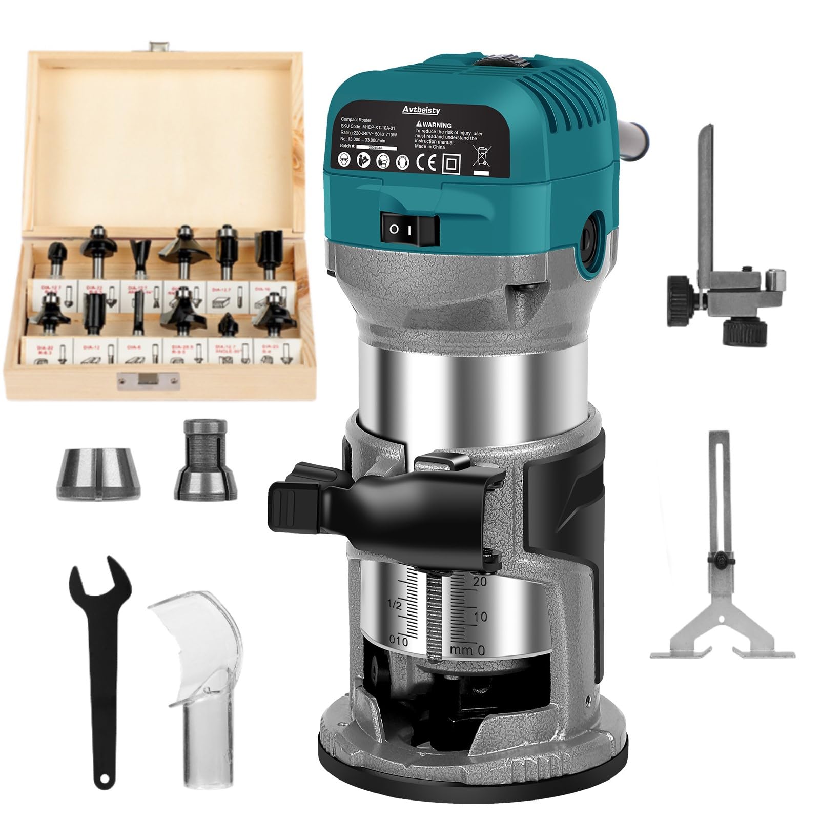 Avtbeisty 6.5-Amp Wood Router Tool, 1.25 HP Compact Trim Router with 6 Variable Speed, Fixed Base, 12 Wood Router Bits, 1/4" & 3/8" Collets, Edge Guide, Roller Guide, and Dust Hood