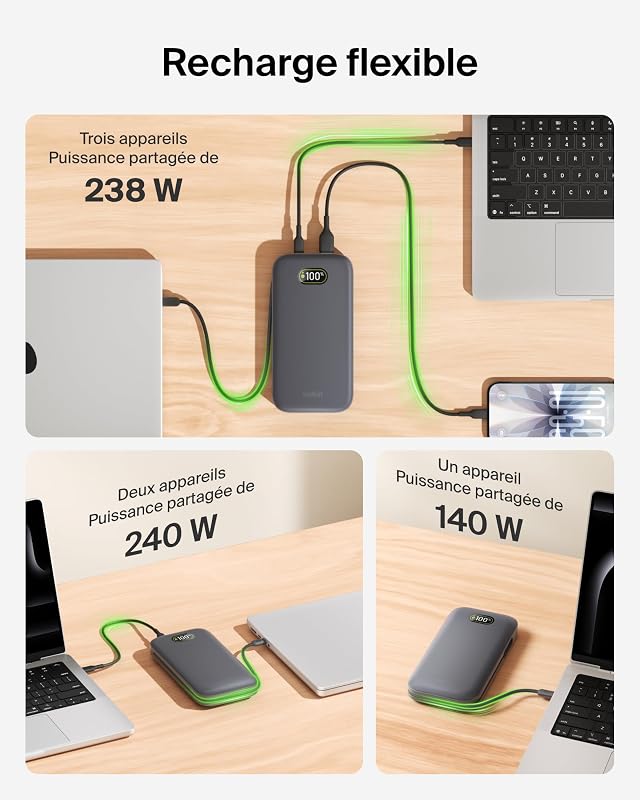 UltraCharge Pro Batterie Externe 27000mAh, Chargeur Portable avec Câble USB-C Intégré, USB PD 240 W, Power Bank Charge Rapide pour MacBook Pro, iPhone, iPad, Galaxy, Pixel, etc., Gris