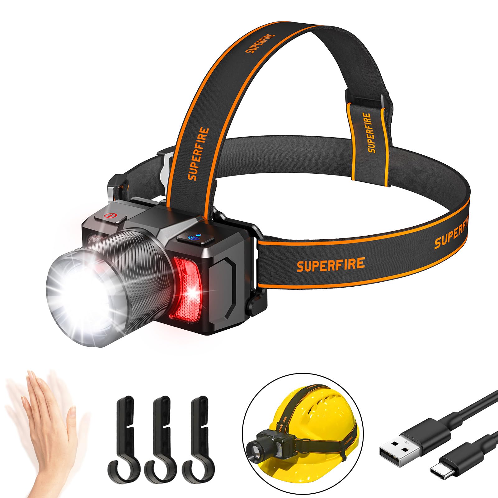 SuperFire LED Head Torch Rechargeable, 500000LM Super Bright Zoomable Led Headlamp with Sensor Control & 8 Light Modes, Waterproof Headlights with Red Light for Camping Running Fishing Hiking