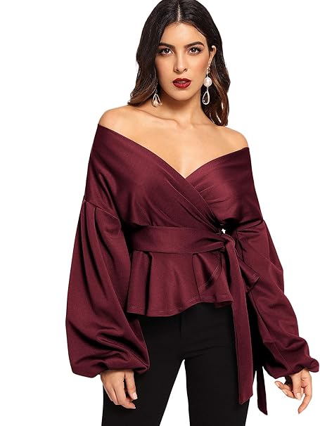 amazon SheIn Long Sleeve Off Shoulder Tie Waist Wrap Tops