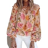 BLENCOT Summer Sexy Off Shoulder Tops for Women Boho Ruffle Sleeve Floral Chiffon Shirts Blouses