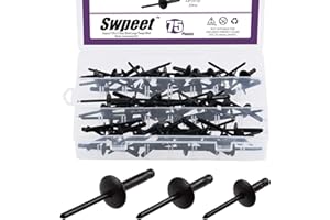 Swpeet 75Pcs 3/16" x 3/8" / 4/5" / 1" All Black Large Flange Aluminum Blind Rivets Kit, Black Pop Rivets Open End Type Pop Ri