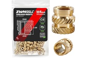ZWMSSLL M4 Heat-Set Threaded Inserts, M4x6x6mm(200Pieces) Heat Set Insert for 3D Printing Components and Plastic Parts,Brass Metric Knurled Nuts