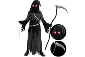 Spooktacular Creations Glowing Eyes Grim Reaper Costume for Kids, Halloween Costume for Boys, Halloween, Dress-up Party